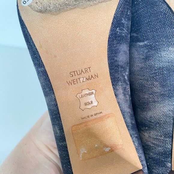 Stuart Weitzman Chime Blue Denim Block Heel Pumps - Picture 6 of 7
